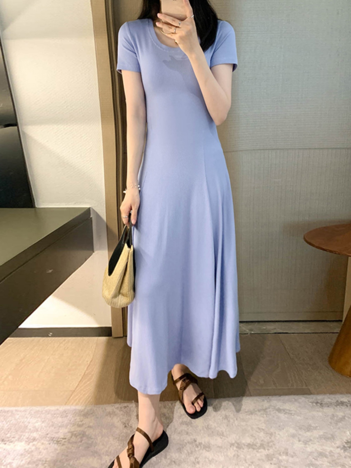 Women's Summer 2025 Round Neck Ribbed Striped A-Line Dress, Spliced Flared Skirt, Waist-Cinching, Solid Color, Cotton Women's Summer 2025 Round Neck Ribbed Striped A-Line Dress, Spliced Flared Skirt, Waist-Cinching, Solid Color, Cotton