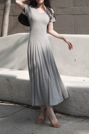 Women's Summer 2025 Round Neck Ribbed Striped A-Line Dress, Spliced Flared Skirt, Waist-Cinching, Solid Color, Cotton