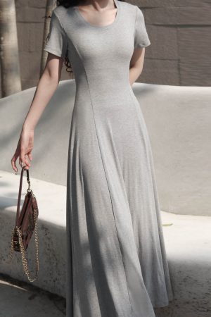 Women's Summer 2025 Round Neck Ribbed Striped A-Line Dress, Spliced Flared Skirt, Waist-Cinching, Solid Color, Cotton