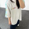 Women's Summer 2025 Spliced Color Stripe Embroidered Flower Short Sleeve T-Shirt - High-End Raglan Style for Trendy Couples