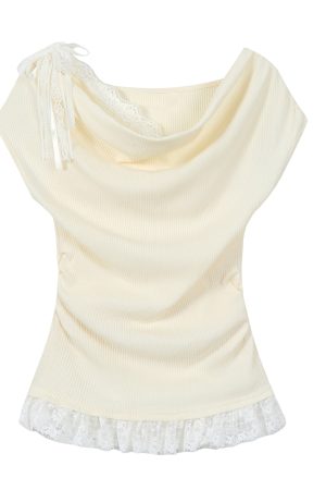 Women's Summer Apricot Color Short Sleeve Faux Two-Piece Waist-Cinched T-Shirt - Stylish Unique Design for a Chic Look