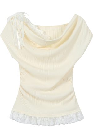 Women's Summer Apricot Color Short Sleeve Faux Two-Piece Waist-Cinched T-Shirt - Stylish Unique Design for a Chic Look