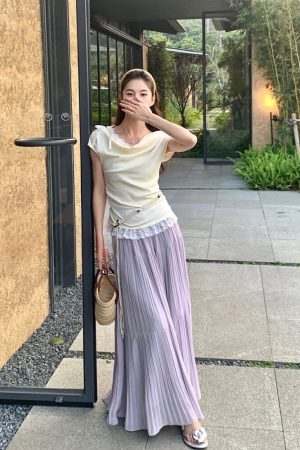 Women's Summer Apricot Color Short Sleeve Faux Two-Piece Waist-Cinched T-Shirt - Stylish Unique Design for a Chic Look