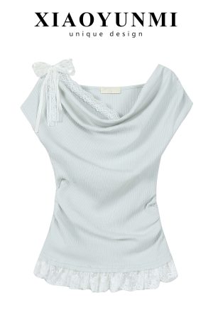 Women's Summer Apricot Color Short Sleeve Faux Two-Piece Waist-Cinched T-Shirt - Stylish Unique Design for a Chic Look