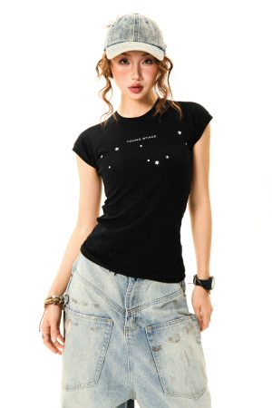 Women's Summer Black Slim Fit Short Sleeve T-Shirt with Flutter Sleeves - Versatile American Style Fashion Top