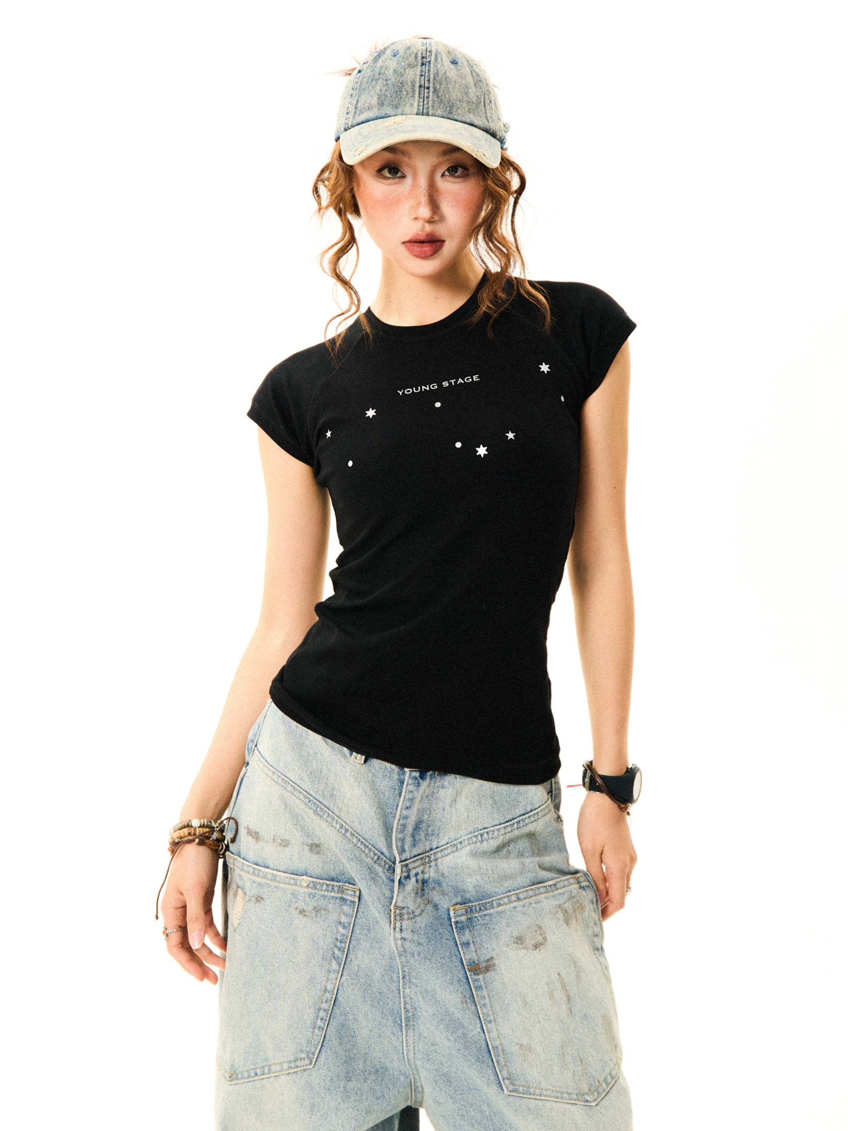 Women's Summer Black Slim Fit Short Sleeve T-Shirt with Flutter Sleeves - Versatile American Style Fashion Top Women's Summer Black Slim Fit Short Sleeve T-Shirt with Flutter Sleeves - Versatile American Style Fashion Top