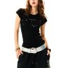 Women's Summer Black Slim Fit Short Sleeve T-Shirt with Flutter Sleeves - Versatile American Style Fashion Top