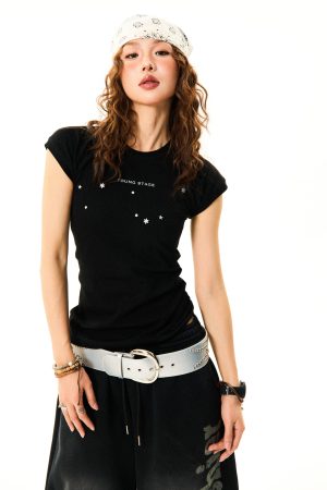 Women's Summer Black Slim Fit Short Sleeve T-Shirt with Flutter Sleeves - Versatile American Style Fashion Top