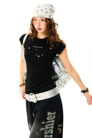 Women's Summer Black Slim Fit Short Sleeve T-Shirt with Flutter Sleeves - Versatile American Style Fashion Top