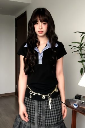 Women's Summer Blue Plaid Splicing Polo T-Shirt - Slim Fit Short Sleeve Two-Piece Outfit - American Style Hot Girl Top