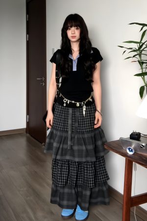 Women's Summer Blue Plaid Splicing Polo T-Shirt - Slim Fit Short Sleeve Two-Piece Outfit - American Style Hot Girl Top