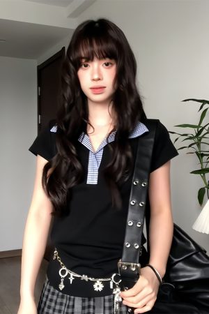 Women's Summer Blue Plaid Splicing Polo T-Shirt - Slim Fit Short Sleeve Two-Piece Outfit - American Style Hot Girl Top