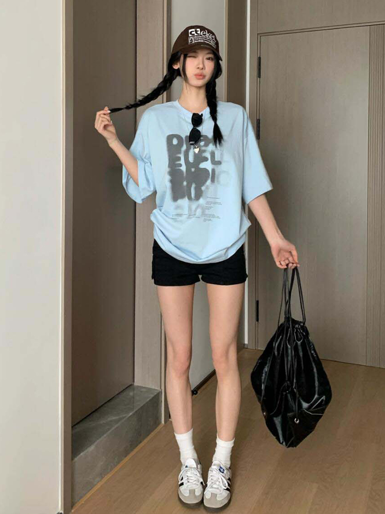 Women's Summer Color-Block Blue Letter Printed Round Neck T-Shirt - Retro College Style Loose Fit Pure Cotton Top Women's Summer Color-Block Blue Letter Printed Round Neck T-Shirt - Retro College Style Loose Fit Pure Cotton Top
