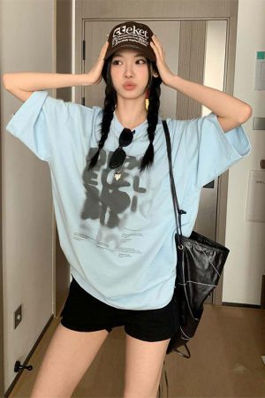 Women's Summer Color-Block Blue Letter Printed Round Neck T-Shirt - Retro College Style Loose Fit Pure Cotton Top