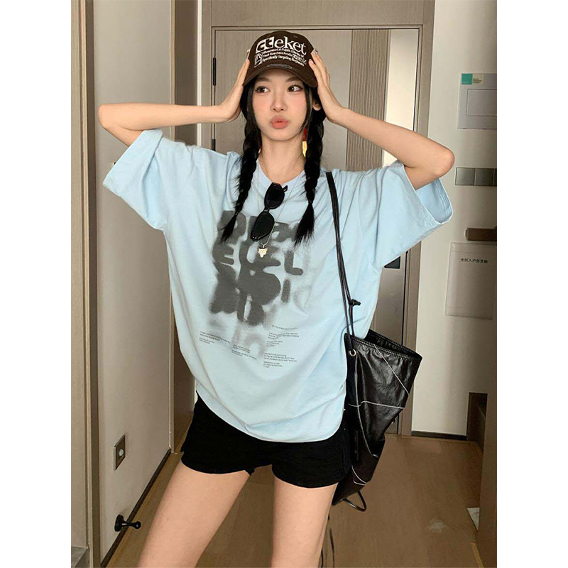 Women's Summer Color-Block Blue Letter Printed Round Neck T-Shirt - Retro College Style Loose Fit Pure Cotton Top Women's Summer Color-Block Blue Letter Printed Round Neck T-Shirt - Retro College Style Loose Fit Pure Cotton Top