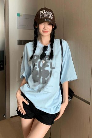 Women's Summer Color-Block Blue Letter Printed Round Neck T-Shirt - Retro College Style Loose Fit Pure Cotton Top