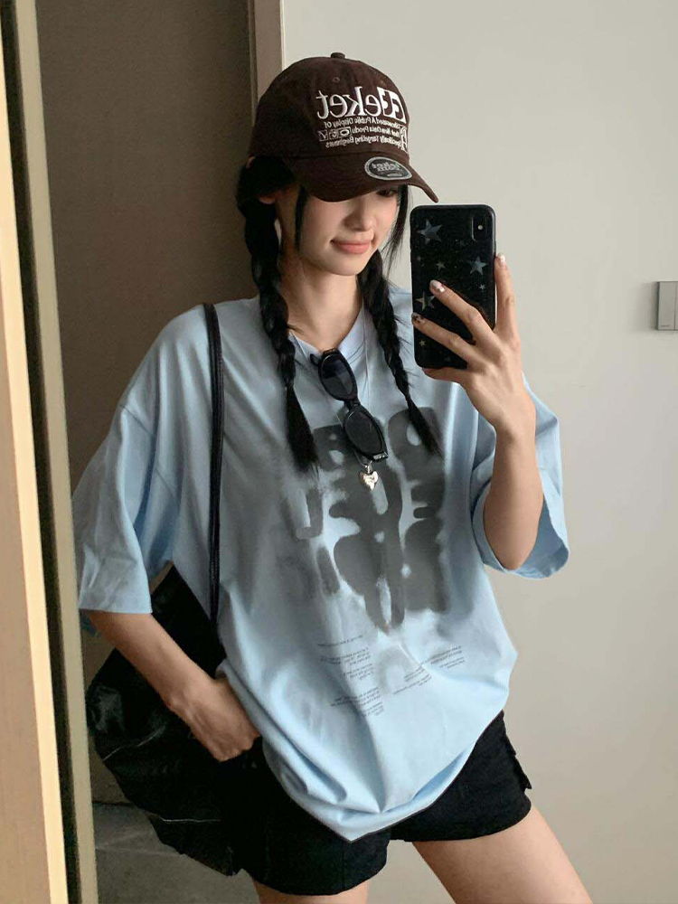 Women's Summer Color-Block Blue Letter Printed Round Neck T-Shirt - Retro College Style Loose Fit Pure Cotton Top Women's Summer Color-Block Blue Letter Printed Round Neck T-Shirt - Retro College Style Loose Fit Pure Cotton Top