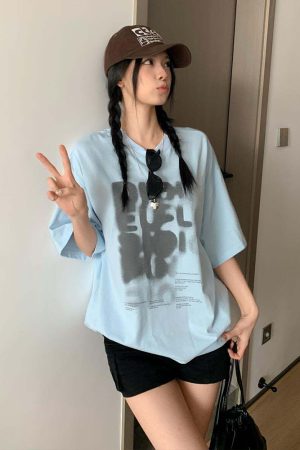 Women's Summer Color-Block Blue Letter Printed Round Neck T-Shirt - Retro College Style Loose Fit Pure Cotton Top