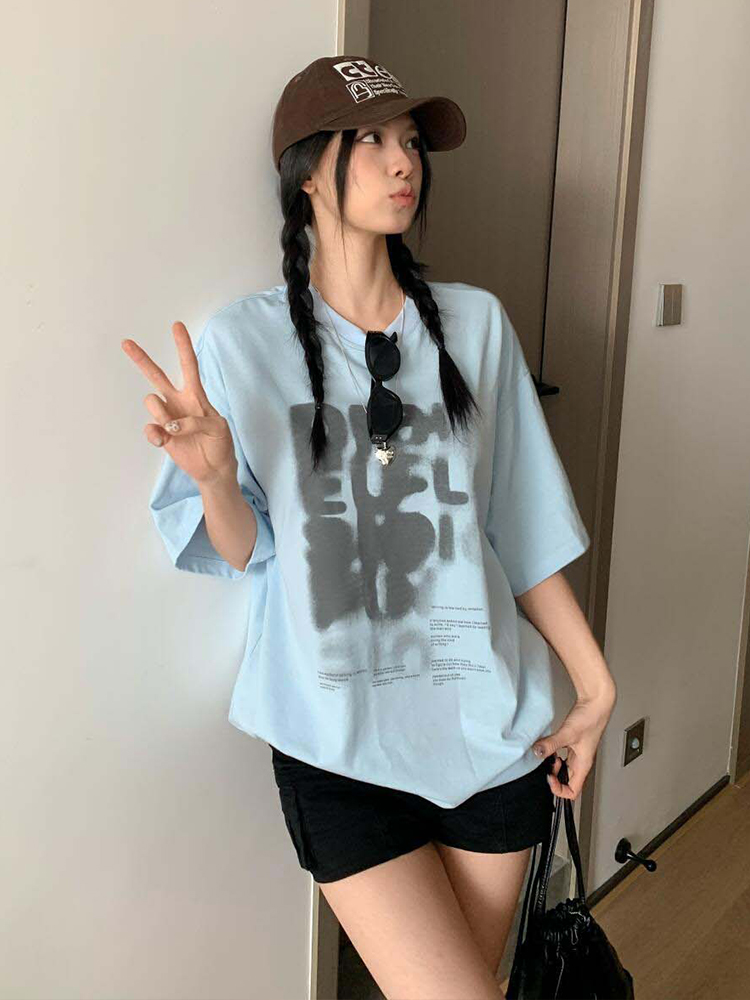 Women's Summer Color-Block Blue Letter Printed Round Neck T-Shirt - Retro College Style Loose Fit Pure Cotton Top Women's Summer Color-Block Blue Letter Printed Round Neck T-Shirt - Retro College Style Loose Fit Pure Cotton Top