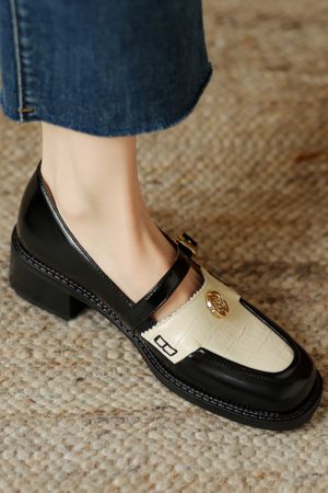 Women's Summer Color-Block Camellia Loafers - Soft Sheepskin Chunky Mid-Heel Shoes for 90s Inspired Style