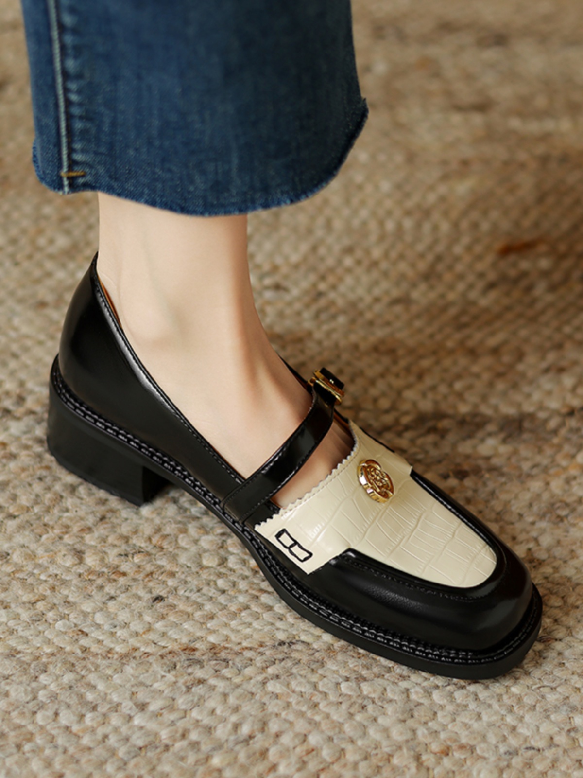 Women's Summer Color-Block Camellia Loafers - Soft Sheepskin Chunky Mid-Heel Shoes for 90s Inspired Style Women's Summer Color-Block Camellia Loafers - Soft Sheepskin Chunky Mid-Heel Shoes for 90s Inspired Style