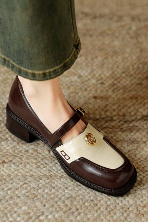 Women's Summer Color-Block Camellia Loafers - Soft Sheepskin Chunky Mid-Heel Shoes for 90s Inspired Style