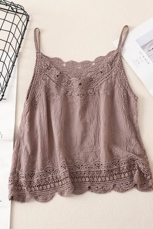 Women's Summer Cotton Linen Vest, Retro Embroidered Lace Hollow Camisole, Literary Style Vacation Outerwear