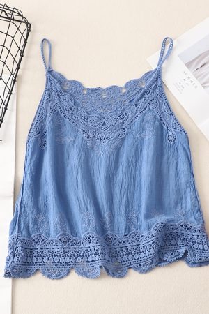 Women's Summer Cotton Linen Vest, Retro Embroidered Lace Hollow Camisole, Literary Style Vacation Outerwear