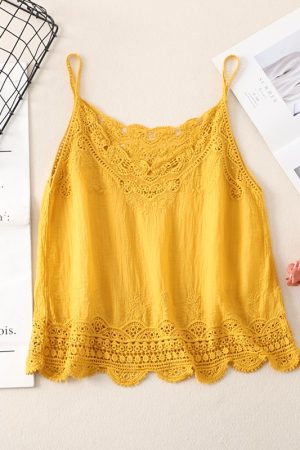 Women's Summer Cotton Linen Vest, Retro Embroidered Lace Hollow Camisole, Literary Style Vacation Outerwear
