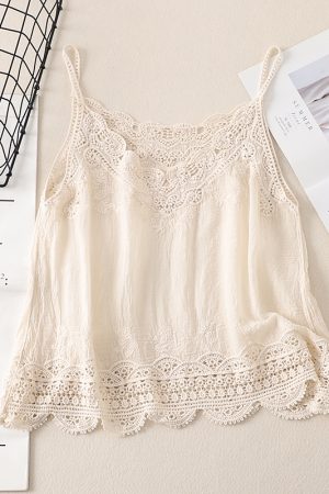 Women's Summer Cotton Linen Vest, Retro Embroidered Lace Hollow Camisole, Literary Style Vacation Outerwear