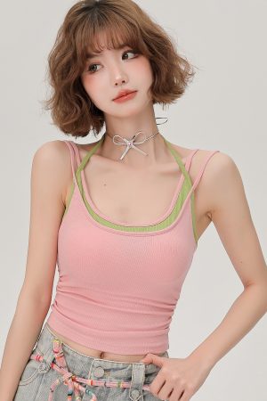 Women's Summer Fake Two-Piece Camisole with Chest Pads, Double Shoulder Straps, Sweet Spicy Inner Outer Wear Top