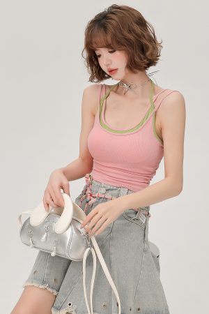 Women's Summer Fake Two-Piece Camisole with Chest Pads, Double Shoulder Straps, Sweet Spicy Inner Outer Wear Top