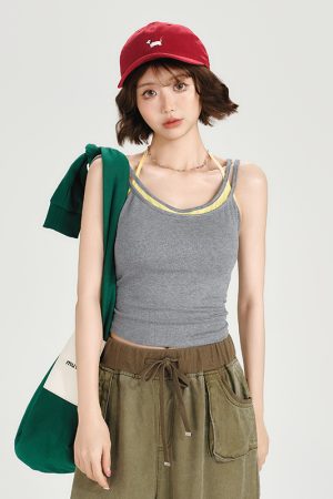 Women's Summer Fake Two-Piece Camisole with Chest Pads, Double Shoulder Straps, Sweet Spicy Inner Outer Wear Top