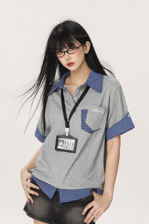 Women's Summer Fake Two-Piece Short Sleeve T-Shirt - American Style Beer Team Captain Polo Top in Niche Design