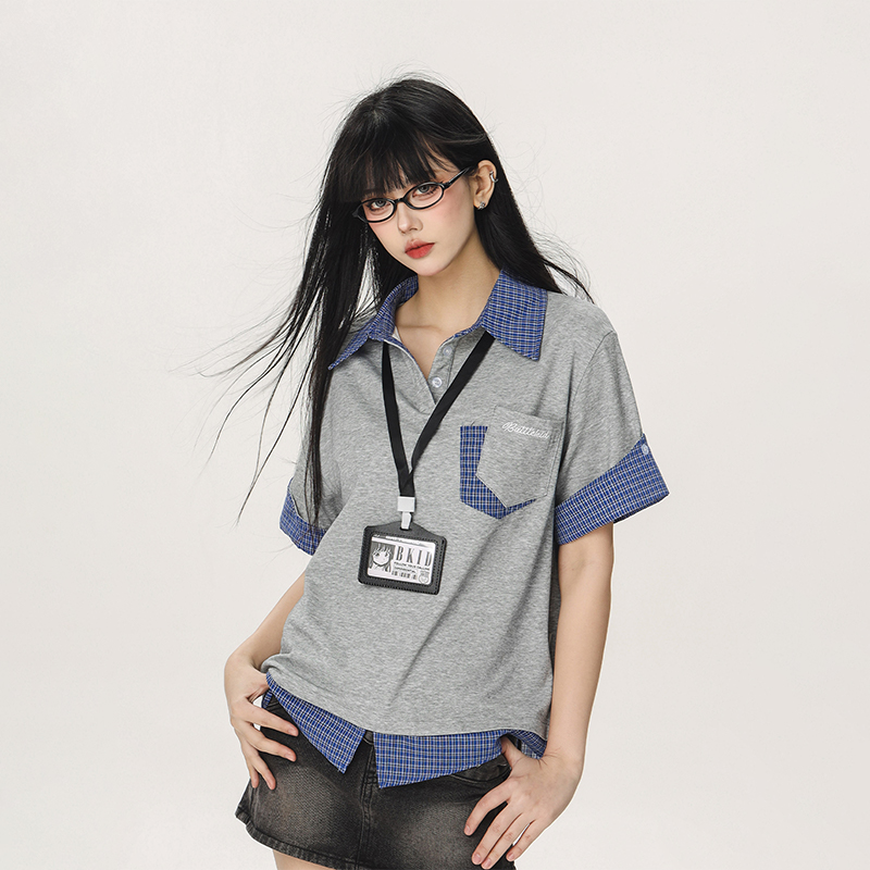 Women's Summer Fake Two-Piece Short Sleeve T-Shirt - American Style Beer Team Captain Polo Top in Niche Design Women's Summer Fake Two-Piece Short Sleeve T-Shirt - American Style Beer Team Captain Polo Top in Niche Design