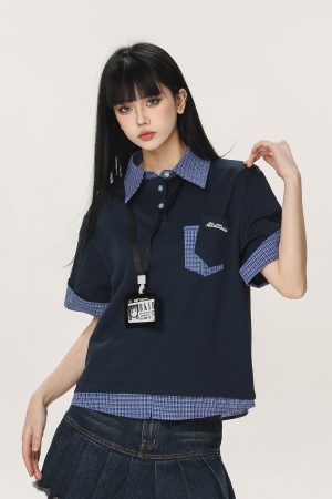 Women's Summer Fake Two-Piece Short Sleeve T-Shirt - American Style Beer Team Captain Polo Top in Niche Design