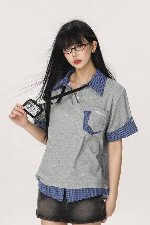 Women's Summer Fake Two-Piece Short Sleeve T-Shirt - American Style Beer Team Captain Polo Top in Niche Design