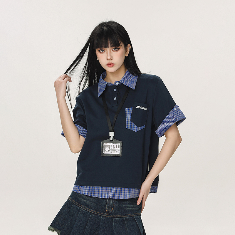 Women's Summer Fake Two-Piece Short Sleeve T-Shirt - American Style Beer Team Captain Polo Top in Niche Design Women's Summer Fake Two-Piece Short Sleeve T-Shirt - American Style Beer Team Captain Polo Top in Niche Design