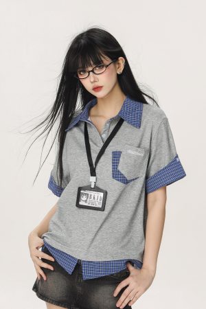 Women's Summer Fake Two-Piece Short Sleeve T-Shirt - American Style Beer Team Captain Polo Top in Niche Design