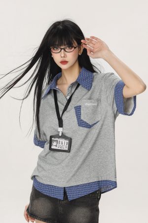 Women's Summer Fake Two-Piece Short Sleeve T-Shirt - American Style Beer Team Captain Polo Top in Niche Design