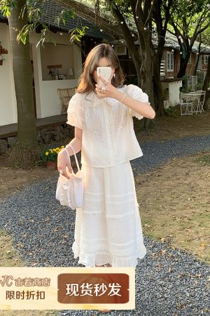 Women's Summer French Lace Flared Midi Skirt - Vintage Cloud Design, Lightweight Linen for Vacation Style