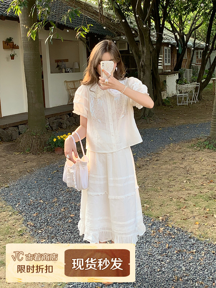 Women's Summer French Lace Flared Midi Skirt - Vintage Cloud Design, Lightweight Linen for Vacation Style Women's Summer French Lace Flared Midi Skirt - Vintage Cloud Design, Lightweight Linen for Vacation Style