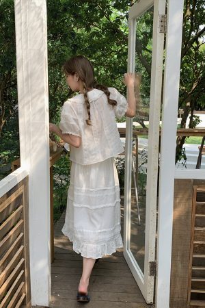 Women's Summer French Lace Flared Midi Skirt - Vintage Cloud Design, Lightweight Linen for Vacation Style