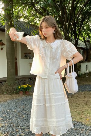 Women's Summer French Lace Flared Midi Skirt - Vintage Cloud Design, Lightweight Linen for Vacation Style