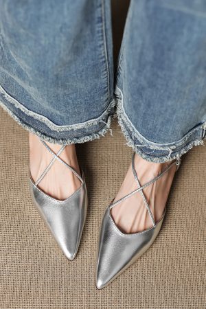 Women's Summer Genuine Leather Pointed Toe Cross Strap Sandals - Versatile Low Chunky Heel Closed Toe Footwear