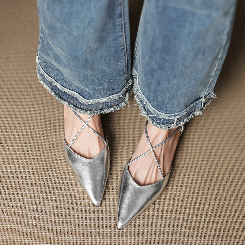 Women's Summer Genuine Leather Pointed Toe Cross Strap Sandals - Versatile Low Chunky Heel Closed Toe Footwear Women's Summer Genuine Leather Pointed Toe Cross Strap Sandals - Versatile Low Chunky Heel Closed Toe Footwear