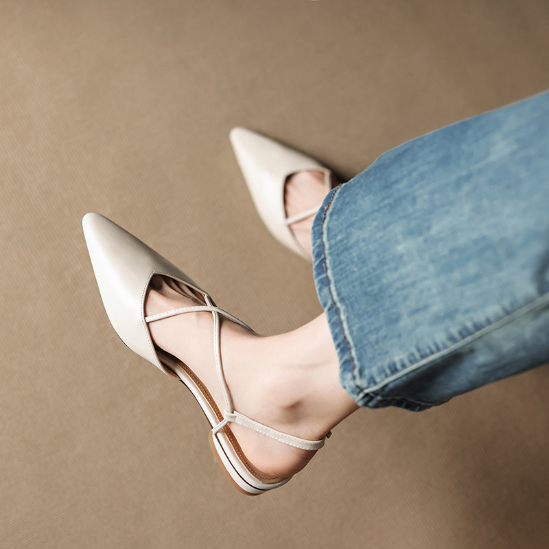 Women's Summer Genuine Leather Pointed Toe Cross Strap Sandals - Versatile Low Chunky Heel Closed Toe Footwear Women's Summer Genuine Leather Pointed Toe Cross Strap Sandals - Versatile Low Chunky Heel Closed Toe Footwear