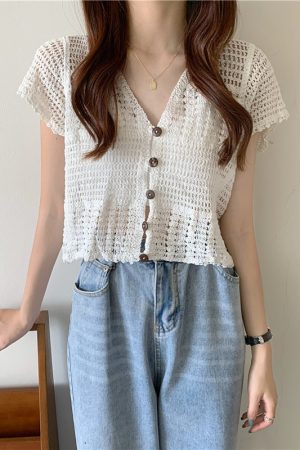 Women's Summer Lace Cardigan with Camisole Dress & Hollowed-Out Short Sleeve Top - Lightweight Vest Jacket for Stylish Layering