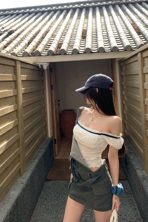 Women’s Summer Lace Splicing One-Shoulder Slim Top - Short Sleeve T-Shirt in White Tea, Sweet Desire Style