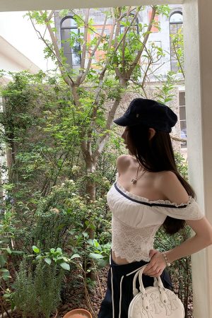 Womenâ€™s Summer Lace Splicing One-Shoulder Slim Top - Short Sleeve T-Shirt in White Tea, Sweet Desire Style